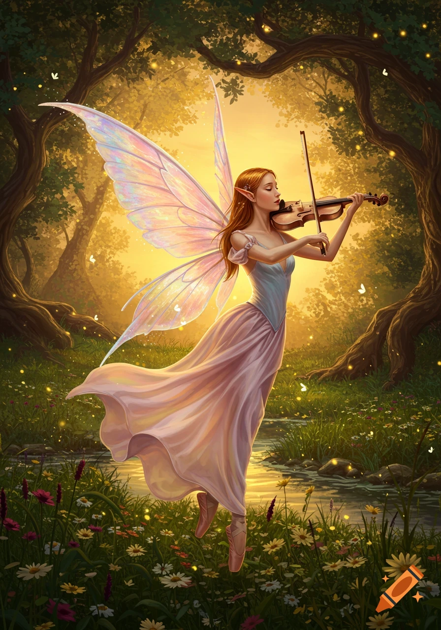 An ethereal ballerina fairy with iridescent wings plays a violin in a glowing, sunlit forest with flowers and a stream.