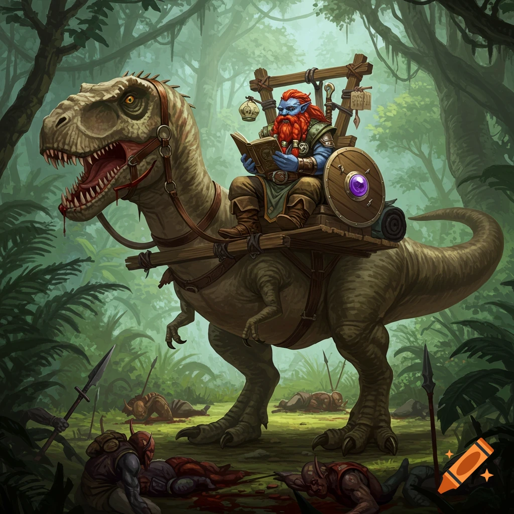 A blue-skinned Firbolg with a red beard reads a book while riding on a wooden platform strapped to a T-Rex through a jungle clearing filled with dead Yuan-ti.