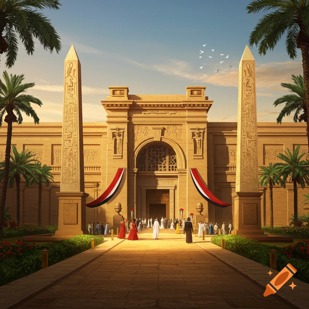 Grand Egyptian-style museum with two obelisks, red and white flags, palm trees, and people gathered for an opening event under a blue sky.