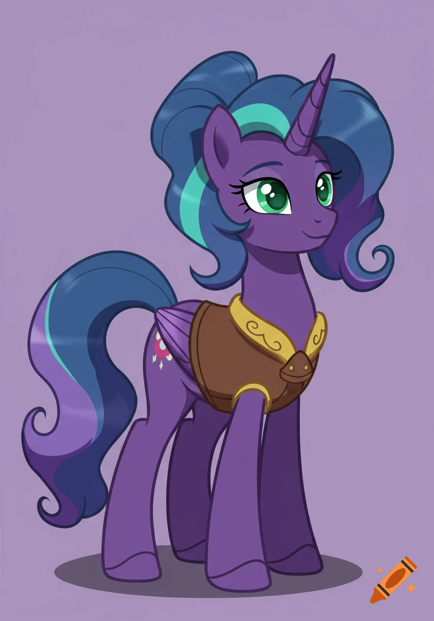 A purple unicorn pony with a teal and lavender mane, green eyes, and a brown vest with gold trim, in a cartoon style.