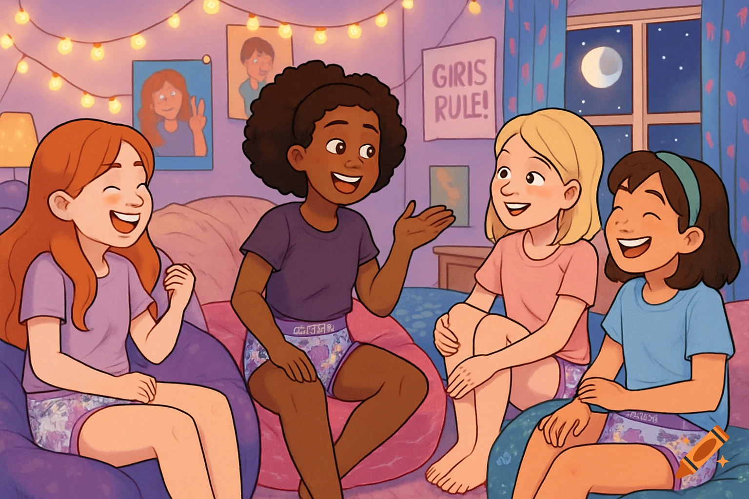 Cartoon image of four diverse young girls laughing and talking at a sleepover, wearing t-shirts and patterned absorbent underwear.