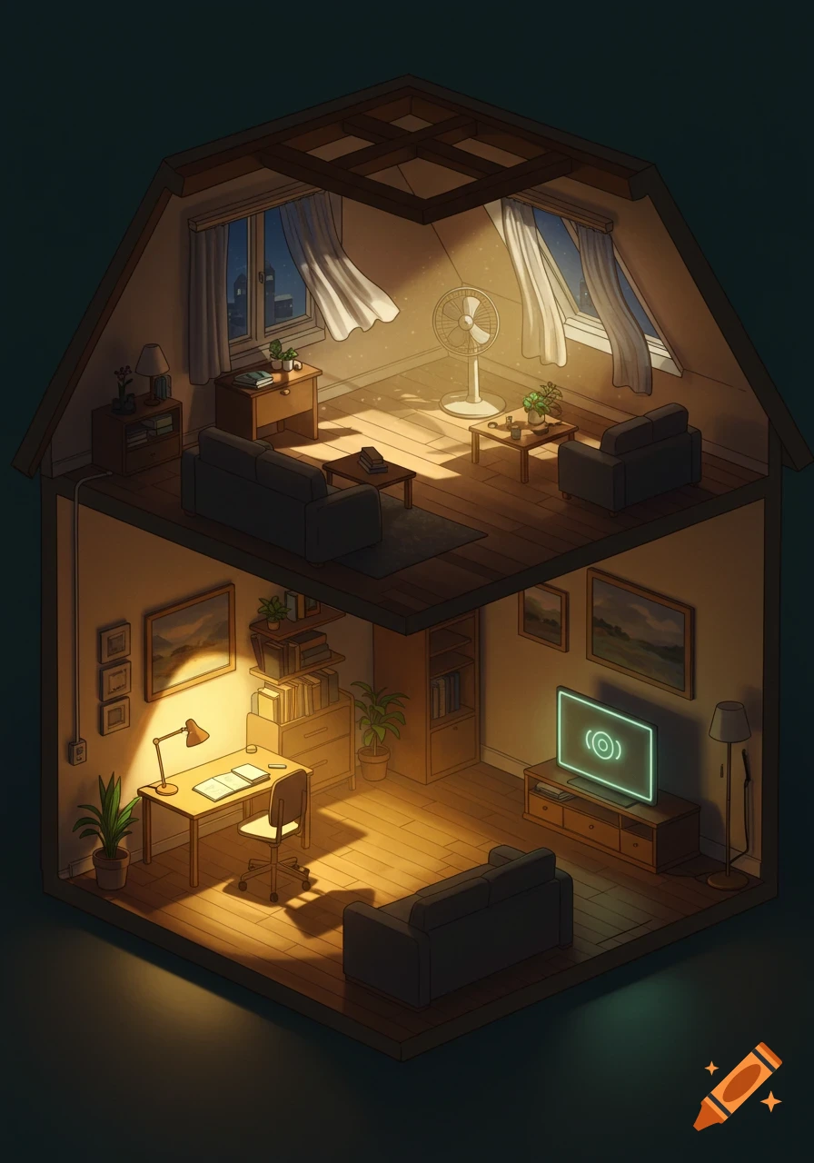 An isometric cross-section illustration of a cozy two-story house at night, with various rooms lit by lamps and a glowing TV screen.