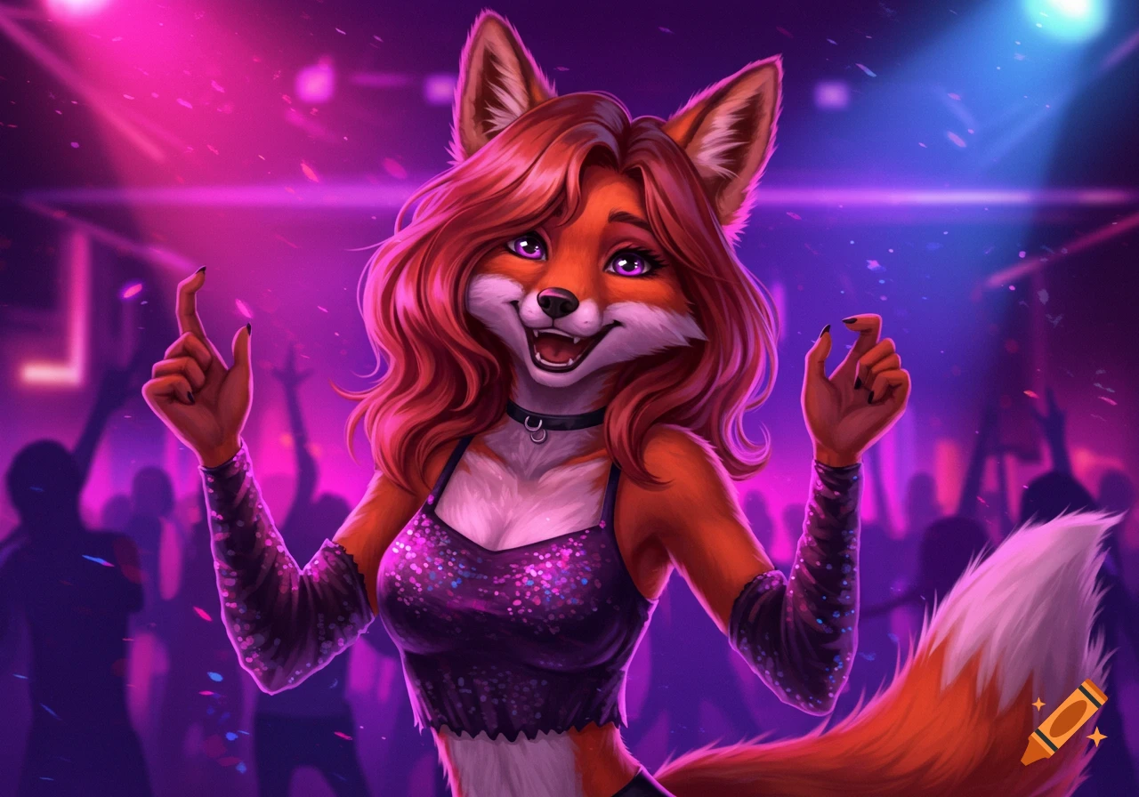 Vibrant animated-style anthropomorphic fox girl with red hair and a sparkly top poses happily in a purple and pink lit dance club.
