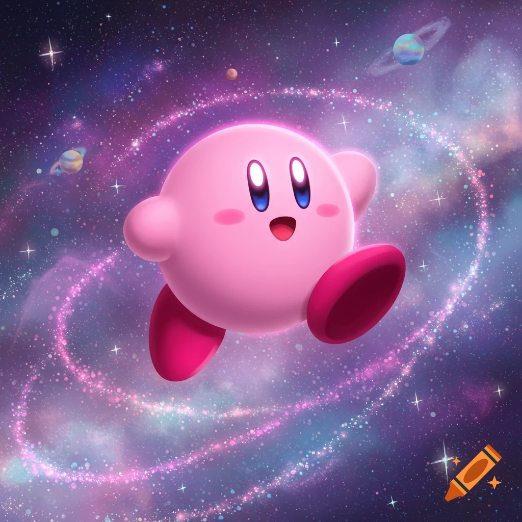 A cheerful pink Kirby floats in a vibrant, star-filled galaxy with planets and sparkling trails.