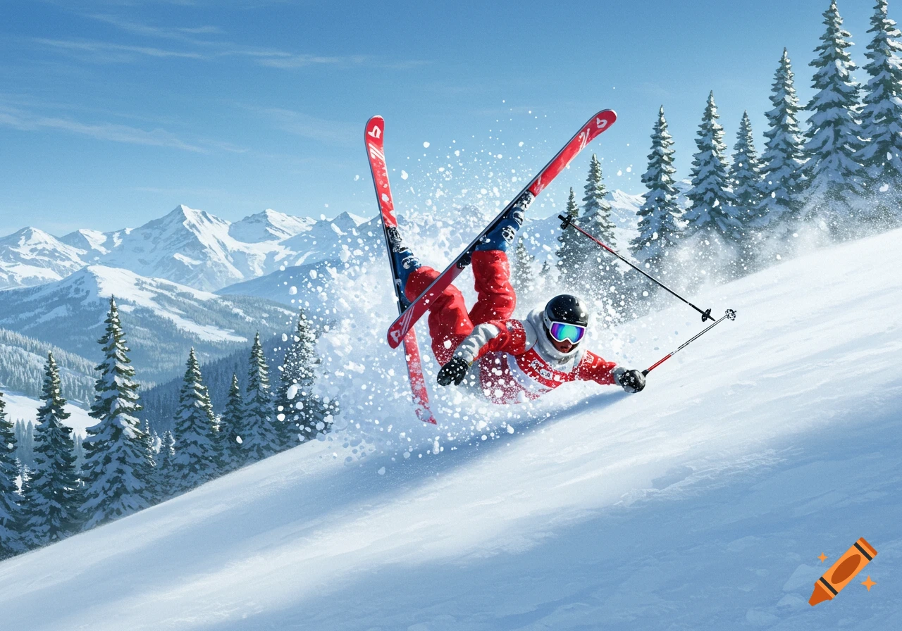 A skier in a red suit falls dramatically in a spray of snow on a mountain slope, with pine trees and distant peaks.
