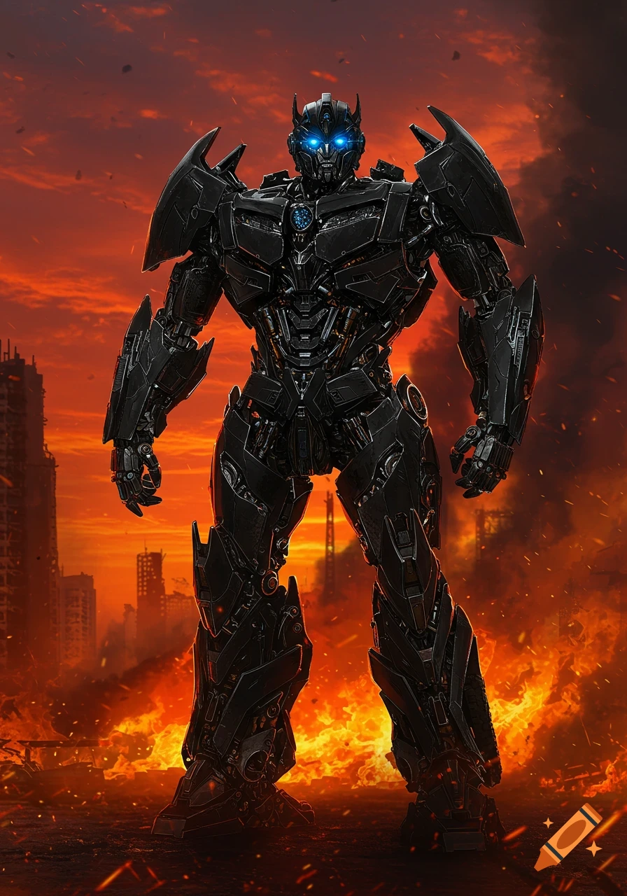 A menacing black robot with glowing blue eyes stands in a burning, ruined city under a red sky.