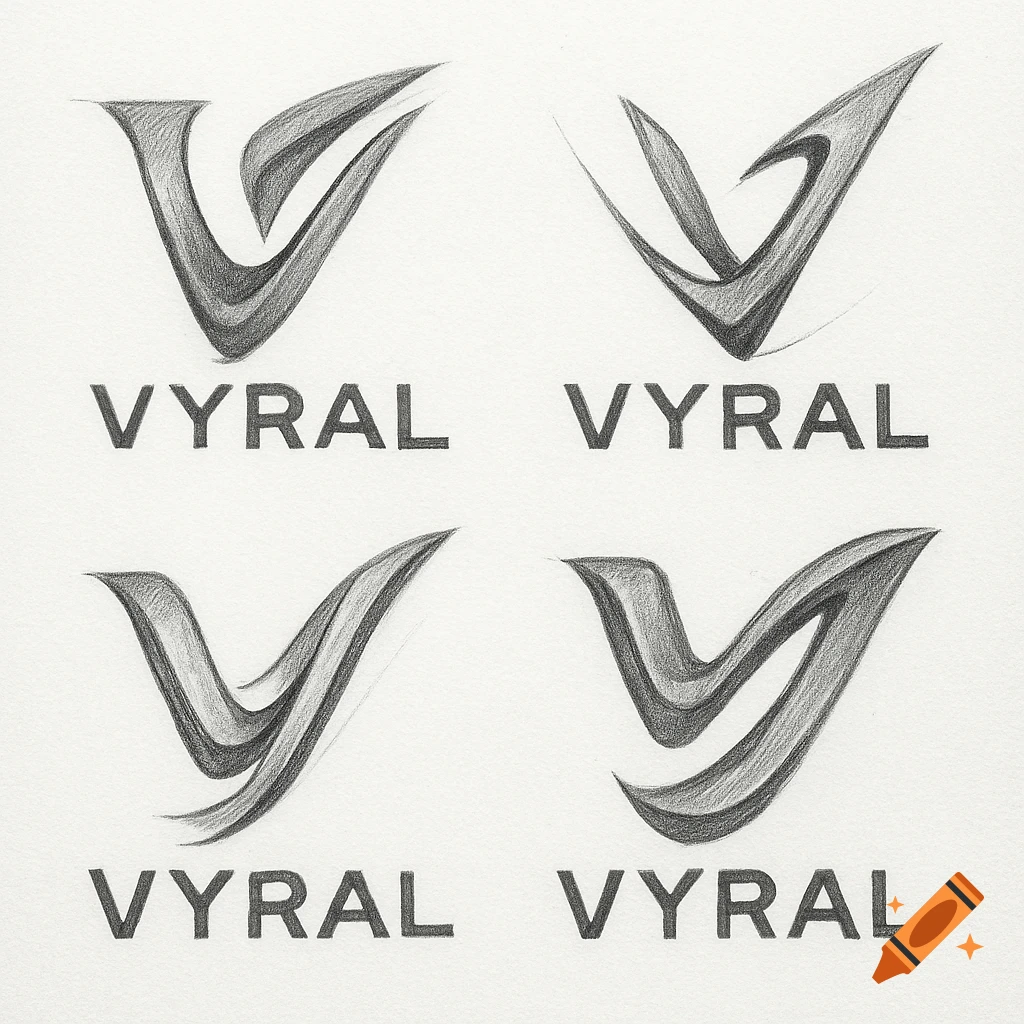 Four pencil sketches of stylized 'V' logo concepts with the brand name 'VYRAL' below each.