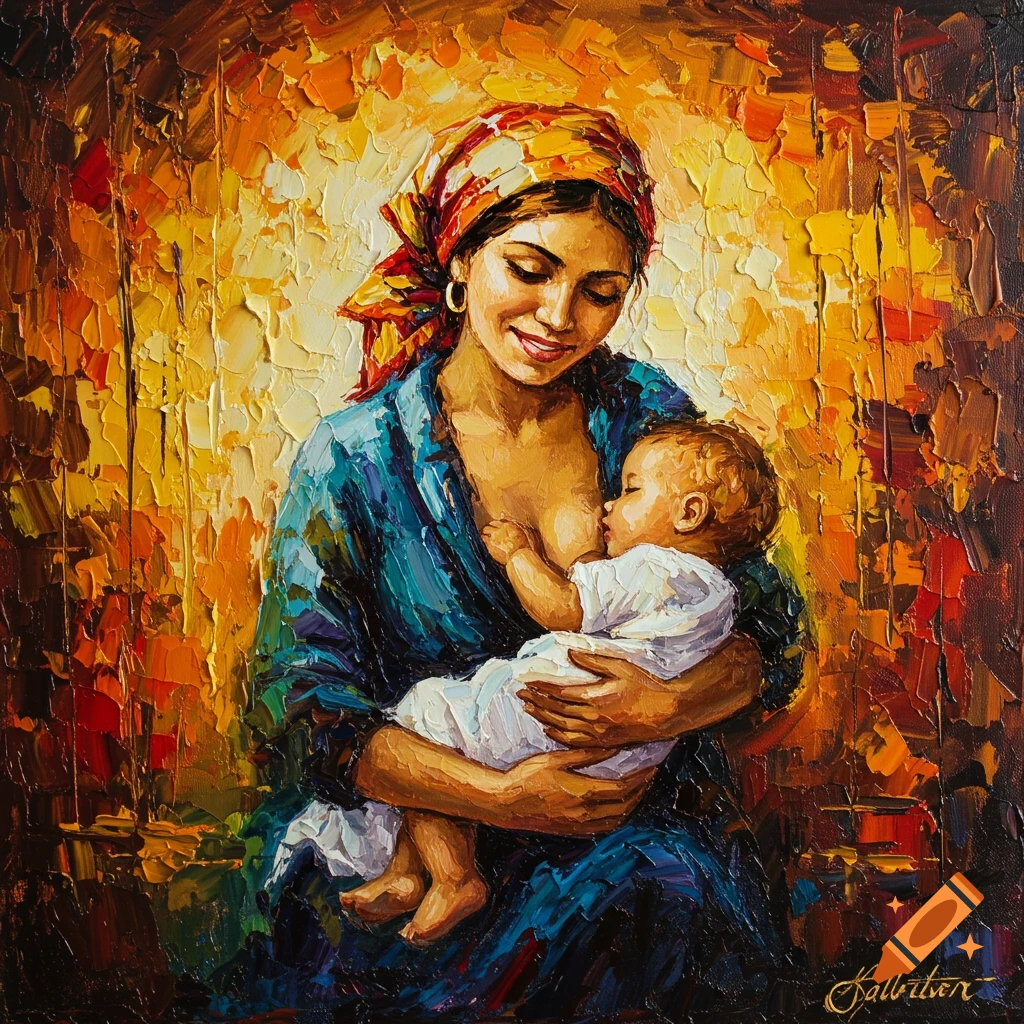 Vibrant impasto oil painting of a mother in a headscarf tenderly breastfeeding her baby, set against a warm, colorful background.