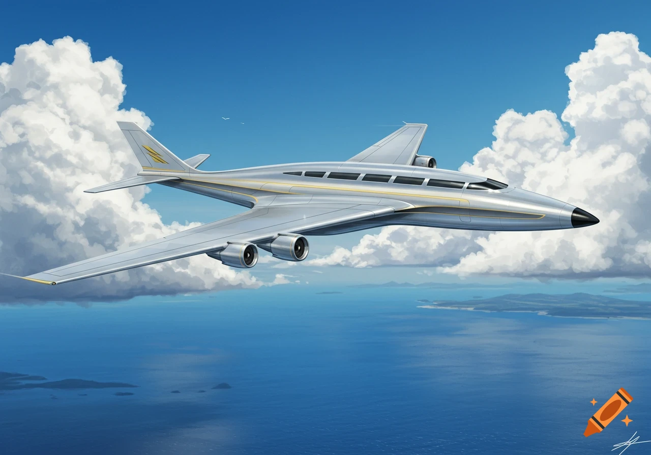 A sleek, silver airplane with four engines flying over a blue ocean and distant islands under a bright blue sky with white clouds.