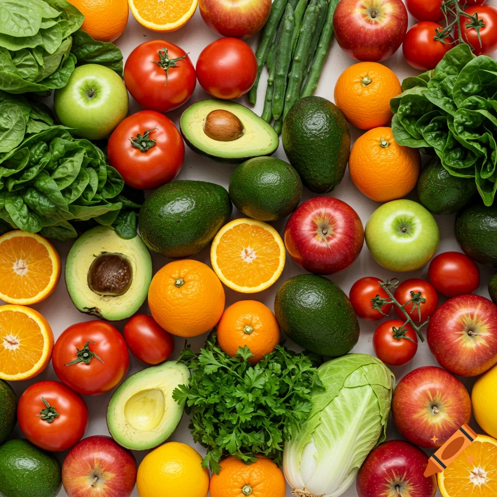 A vibrant, top-down collage of fresh fruits and vegetables including spinach, tomatoes, avocados, apples, oranges, and lemons.