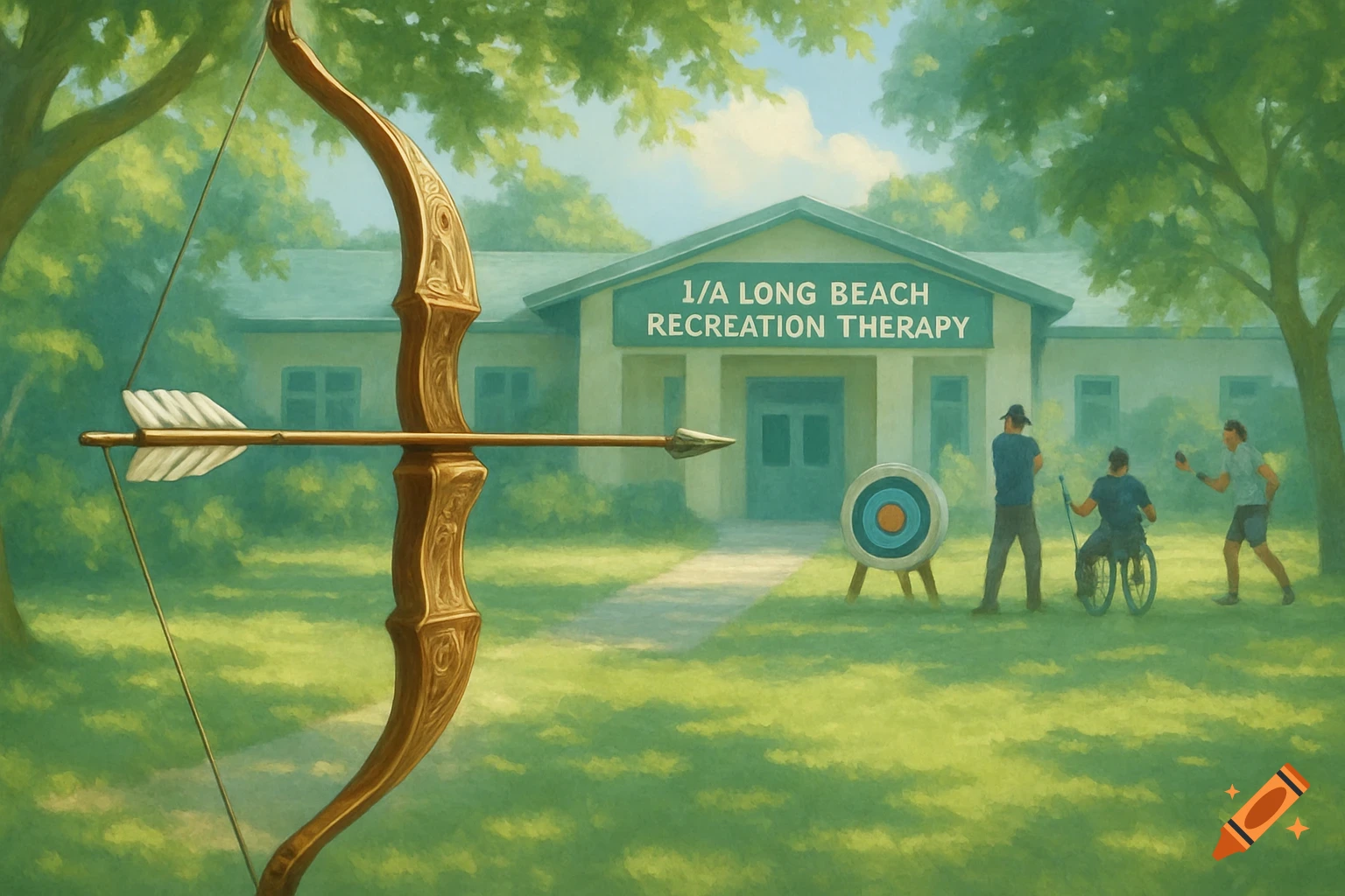 A golden bow with an arrow aimed forward, with a target and people, one in a wheelchair, on a lawn in front of a building, painterly.