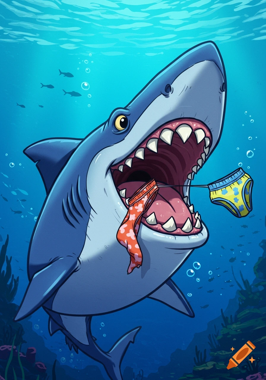 A wide-mouthed cartoon shark underwater with ripped yellow and orange underwear hanging from its jaws.