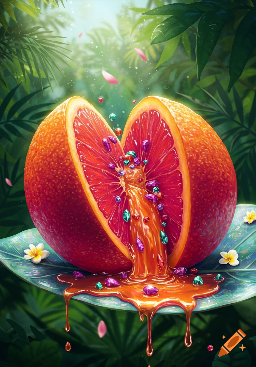 Vibrant illustration of a grapefruit split open, spilling colorful jewels and juice onto a green leaf in a tropical jungle.