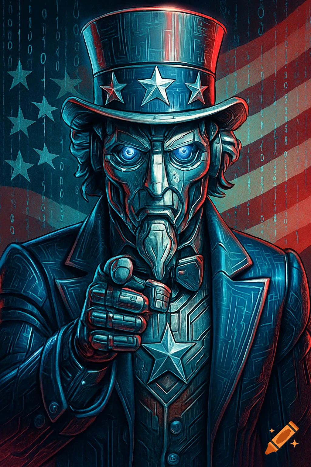 A stylized robotic Uncle Sam with glowing blue eyes, wearing a stars and stripes top hat and suit, points forward against an American flag background with binary code.