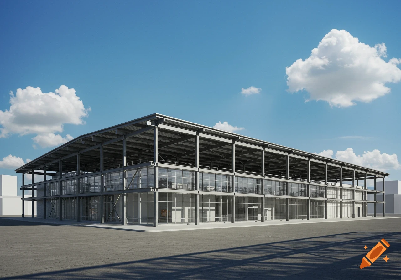 Photorealistic image of a modern steel portal frame building with glass facades under a blue sky with white clouds.