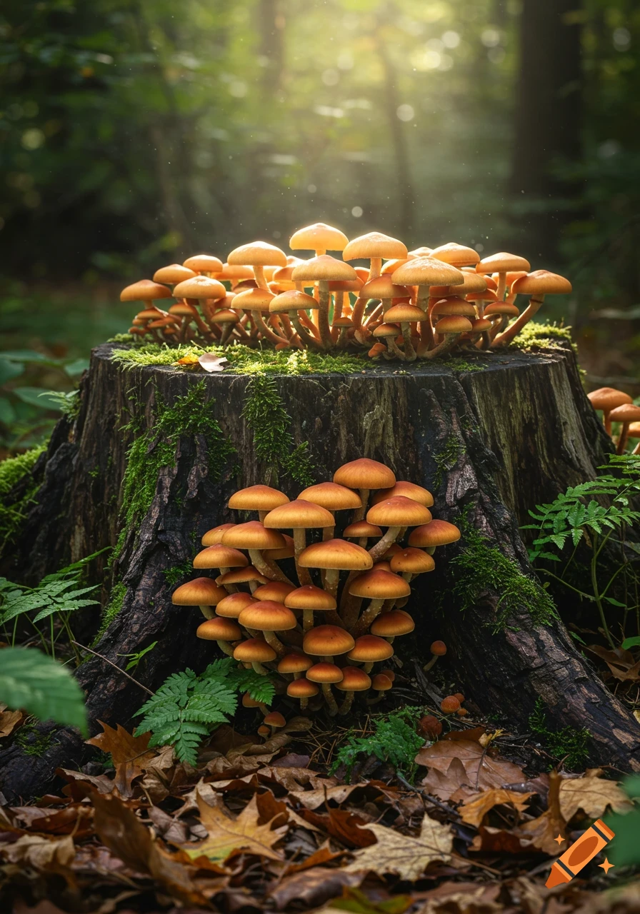 Photorealistic image of honey mushrooms growing on a mossy tree stump in a sunlit forest.