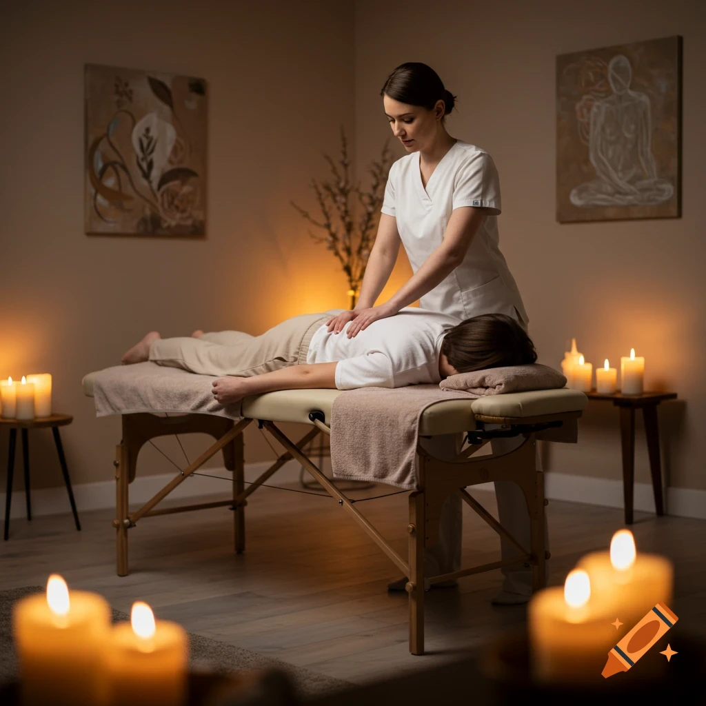 A therapist massages a clothed client on a massage table in a dimly lit, candlelit room, evoking relaxation.