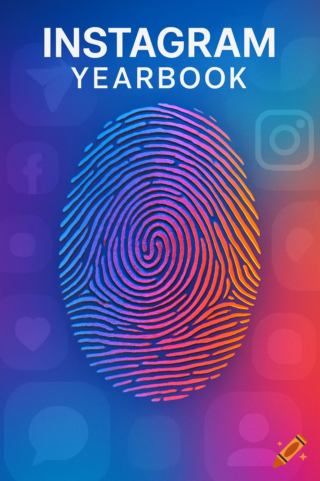 Colorful, stylized fingerprint with 'INSTAGRAM YEARBOOK' text and faded social media icons on a blue to red gradient background.