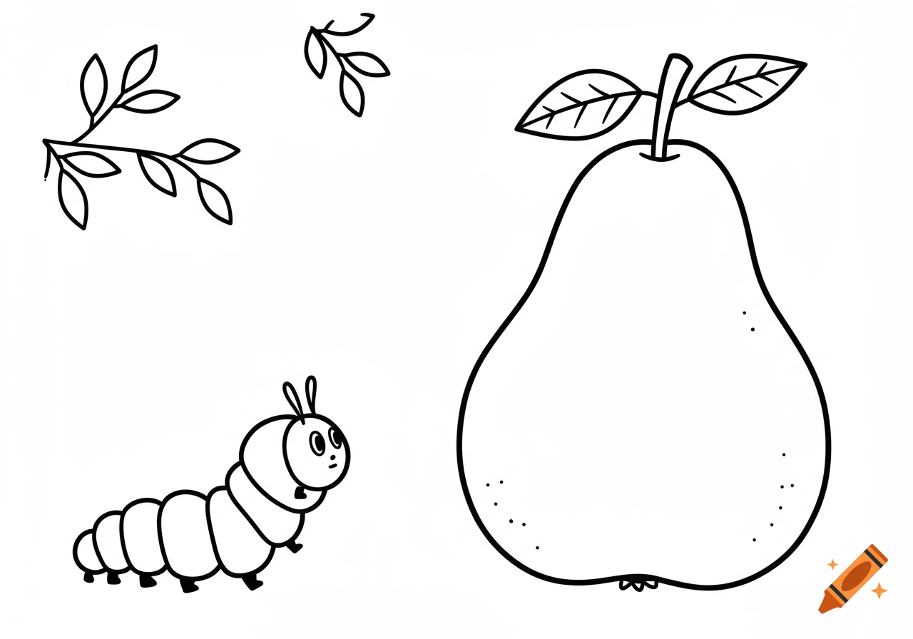 Black and white cartoon line drawing of a caterpillar looking at a large pear, with leaves in the background.