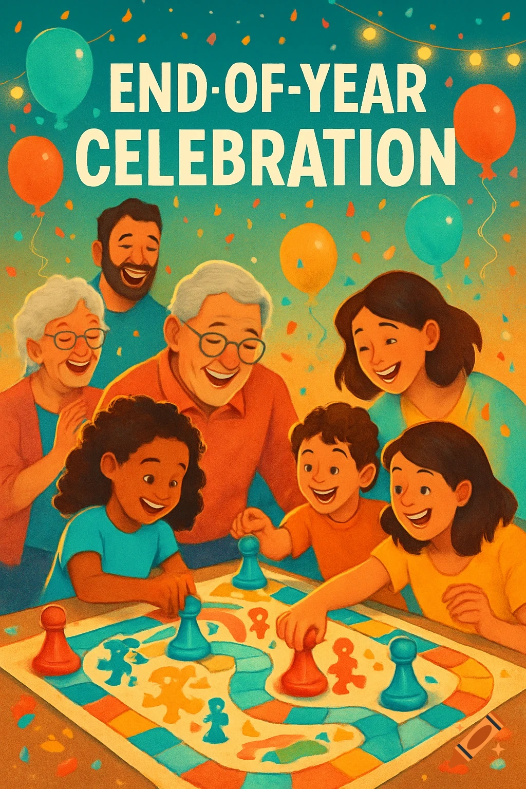 A diverse, multi-generational family happily plays a board game under confetti and balloons, with "END-OF-YEAR CELEBRATION" text above. Stylized illustration.