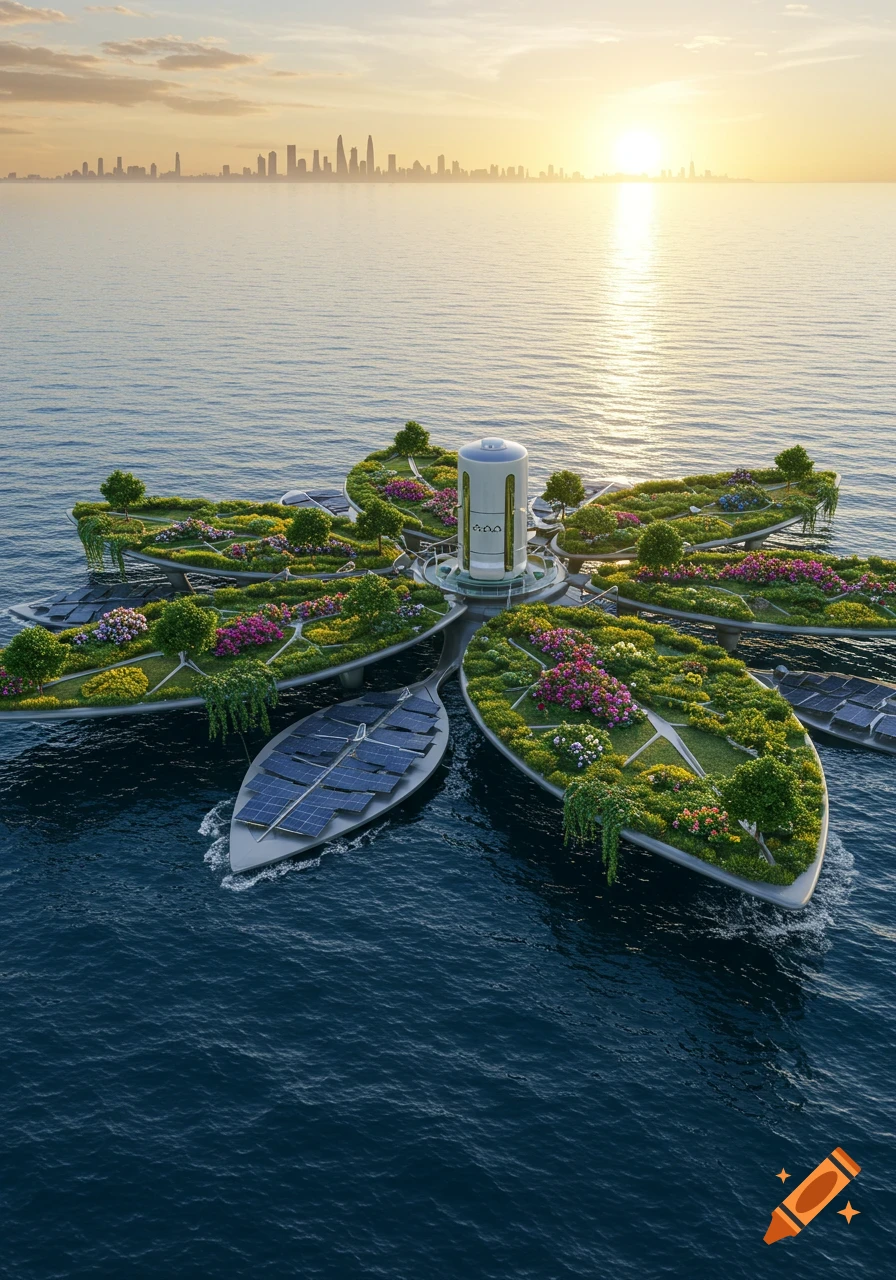 A photorealistic image of a futuristic floating island-city with lush green gardens and pink flowers, solar panels, and a central white tower, on a calm blue ocean with a distant city skyline at sunset.