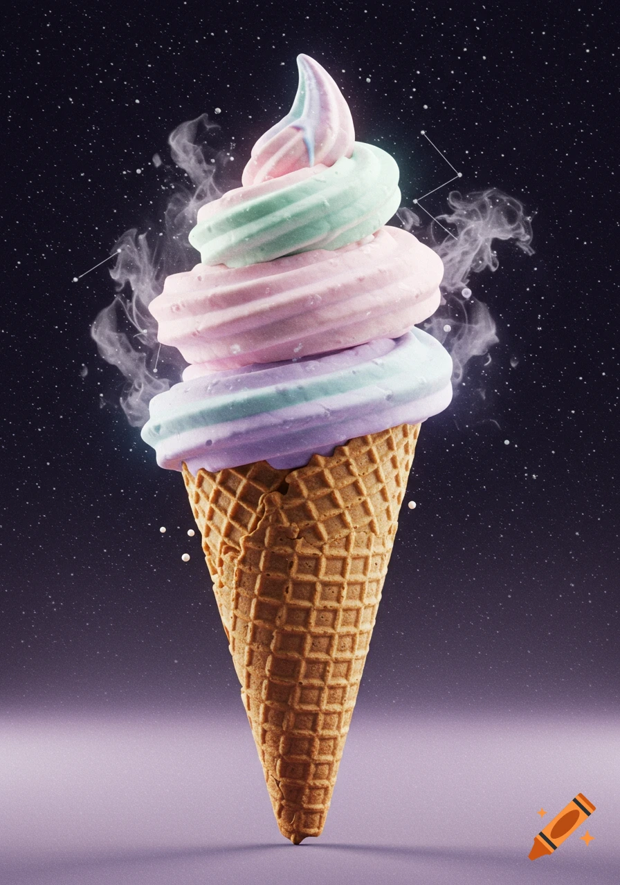 A pastel-colored, triple-scoop swirled ice cream cone glows with vapor against a dark, starry cosmic background.