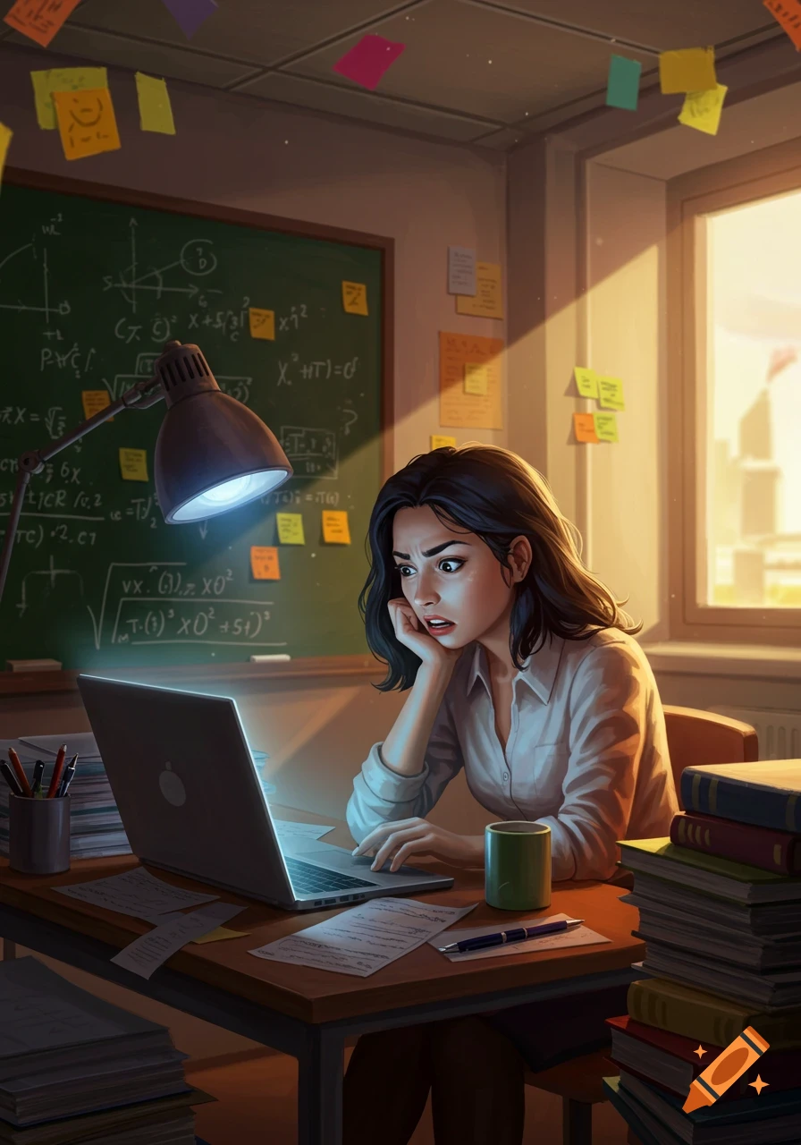 Illustrated woman with dark hair intensely focused on a laptop in a dimly lit classroom, surrounded by books and a blackboard with equations.