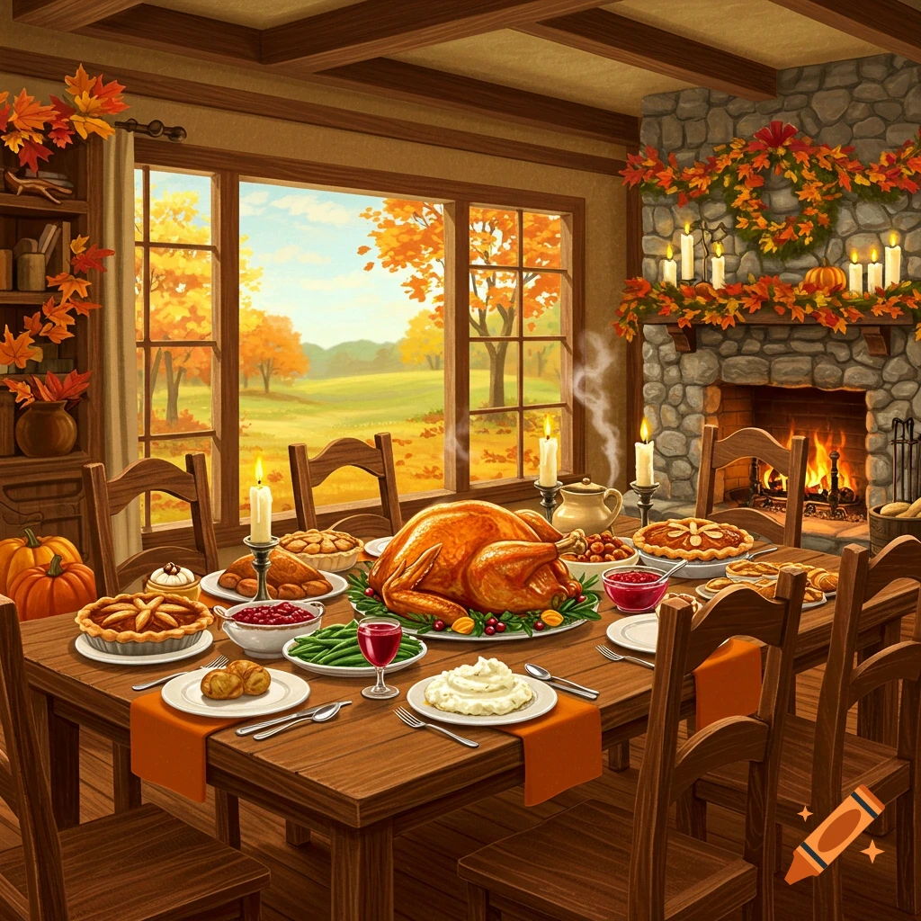 A festive Thanksgiving dinner table with a roasted turkey, pies, and side dishes in a cozy room with a fireplace and autumn window view.