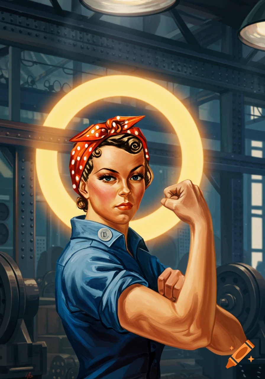 Vintage illustration of a woman in a blue shirt and red polka dot bandana, flexing her bicep in a factory.