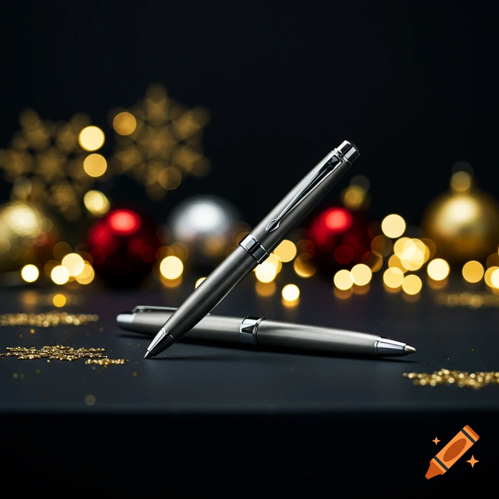Two elegant silver pens on a dark surface, with blurred gold and red Christmas lights and ornaments in the background.