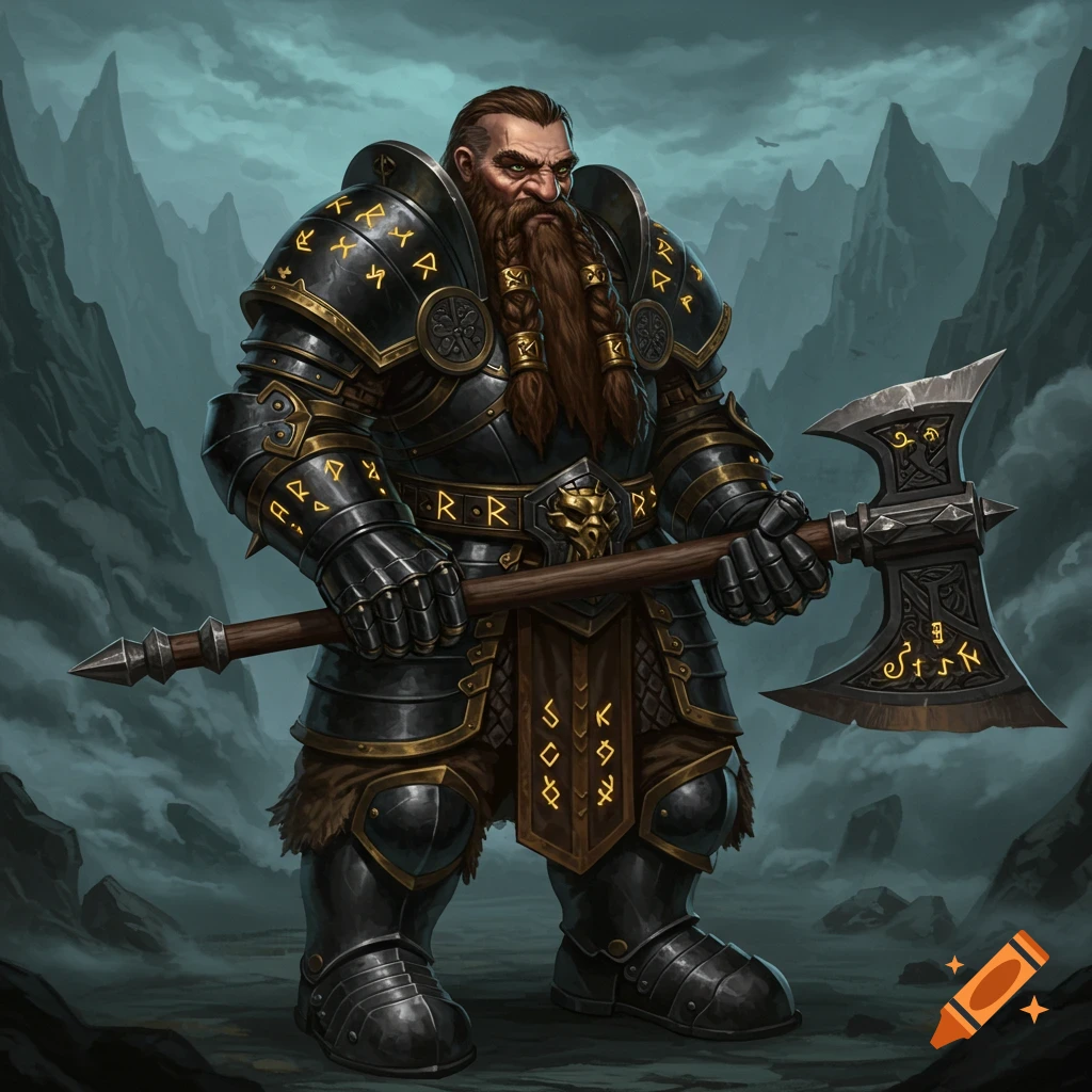 A dwarf warrior in black and gold rune-decorated armor, holding a large axe, stands in a misty mountain landscape.