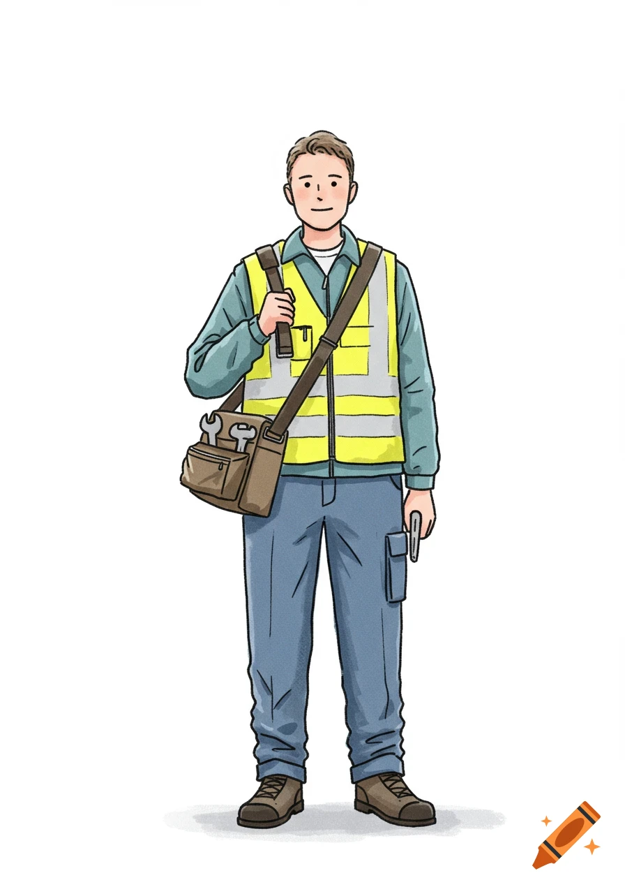 Friendly Finnish building maintenance worker in a yellow reflective vest with a tool bag, soft Nordic illustration style.