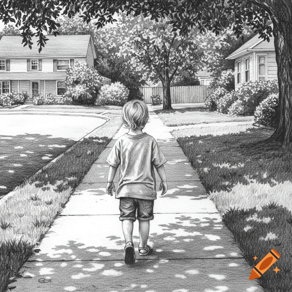 A monochromatic pencil drawing shows a child walking away down a sun-dappled suburban sidewalk lined with houses and trees.