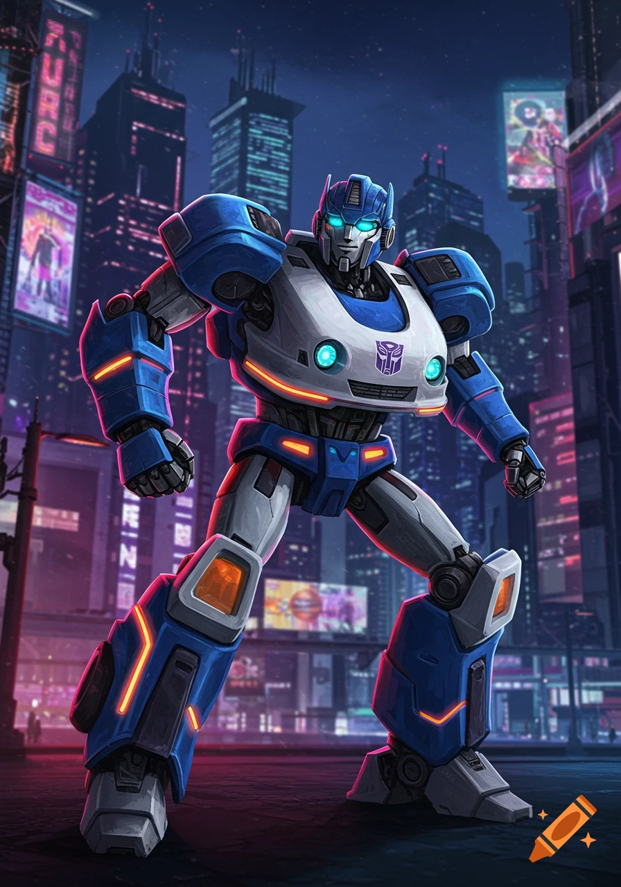 A blue and white Transformers robot, Jazz, stands in a neon-lit futuristic city at night.