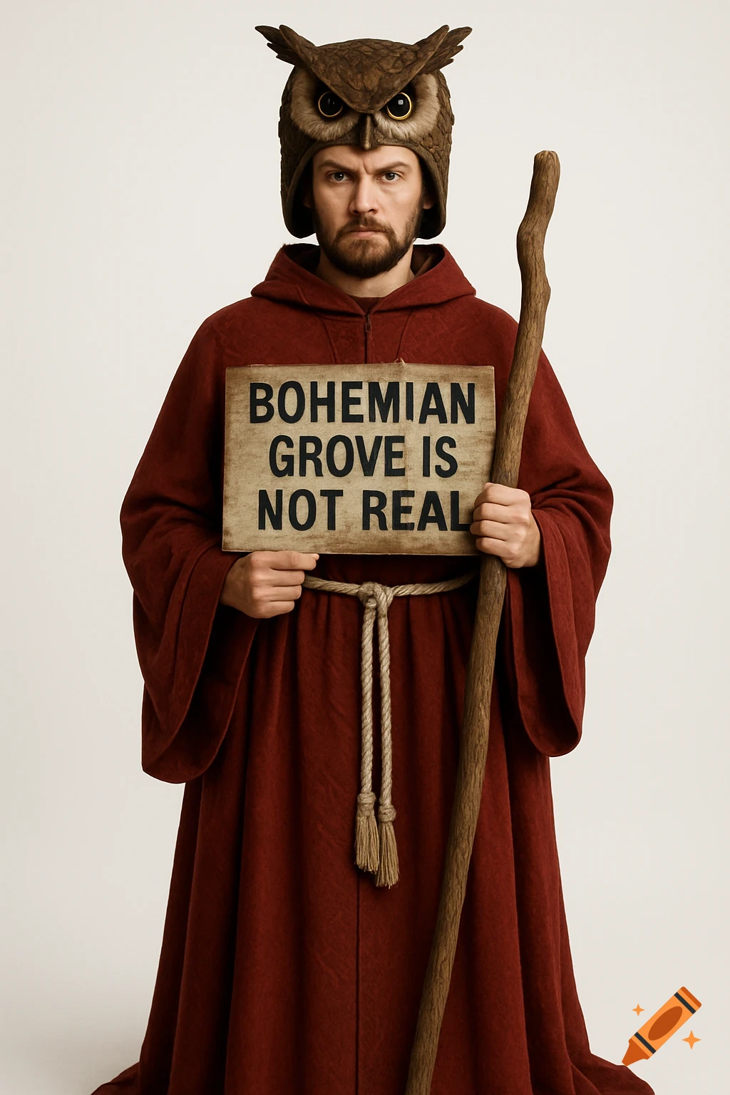 A man in an owl hat and red cloak holds a sign saying 'Bohemian Grove is not real' and a wooden staff.
