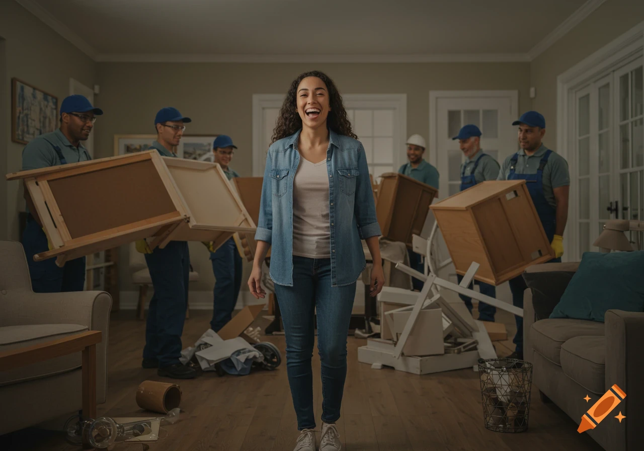 A happy homeowner smiles in her living room as a junk removal team carries out old furniture and cluttered items.