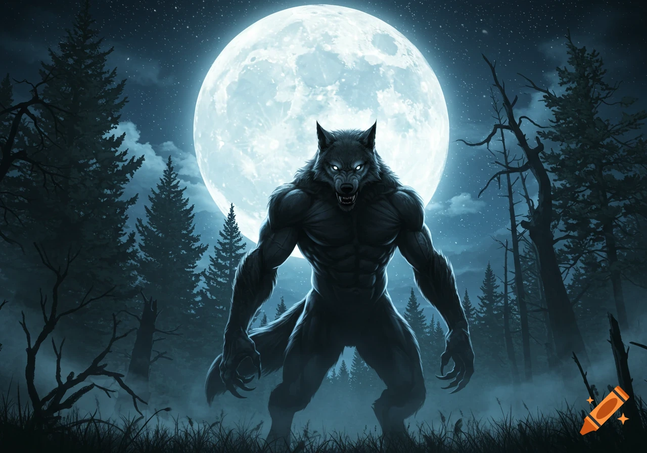 A muscular werewolf with glowing eyes stands in a misty, dark forest at night, with a large, bright full moon behind it.