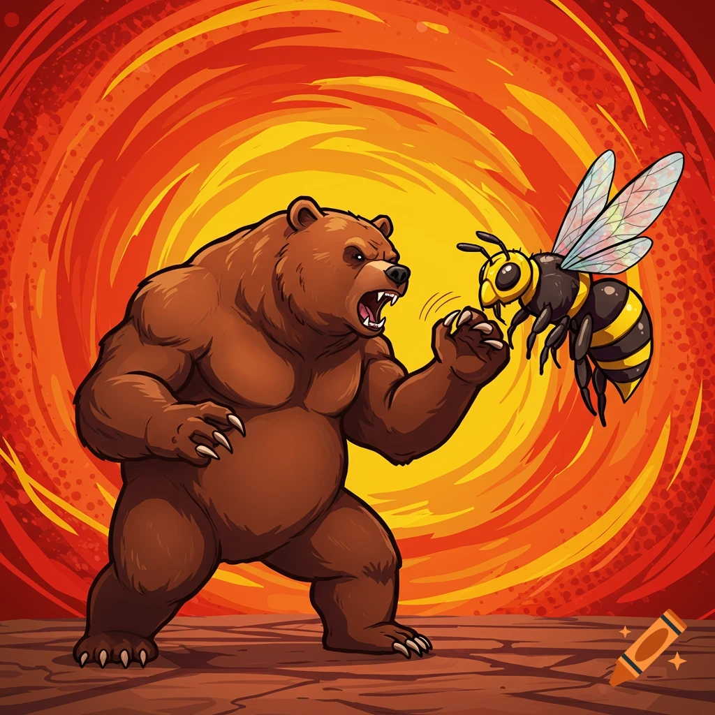 A muscular, cartoon-style brown bear with an open mouth and raised paws confronts a large, striped killer bee against a vibrant red and yellow swirling background.