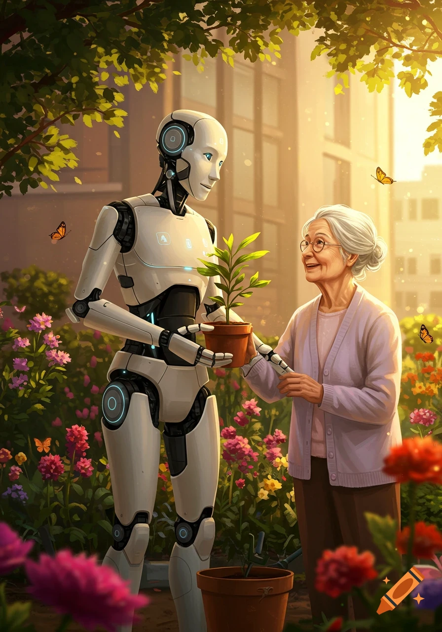 A friendly robot helps an elderly woman plant a seedling in a lush, sunny garden filled with colorful flowers.