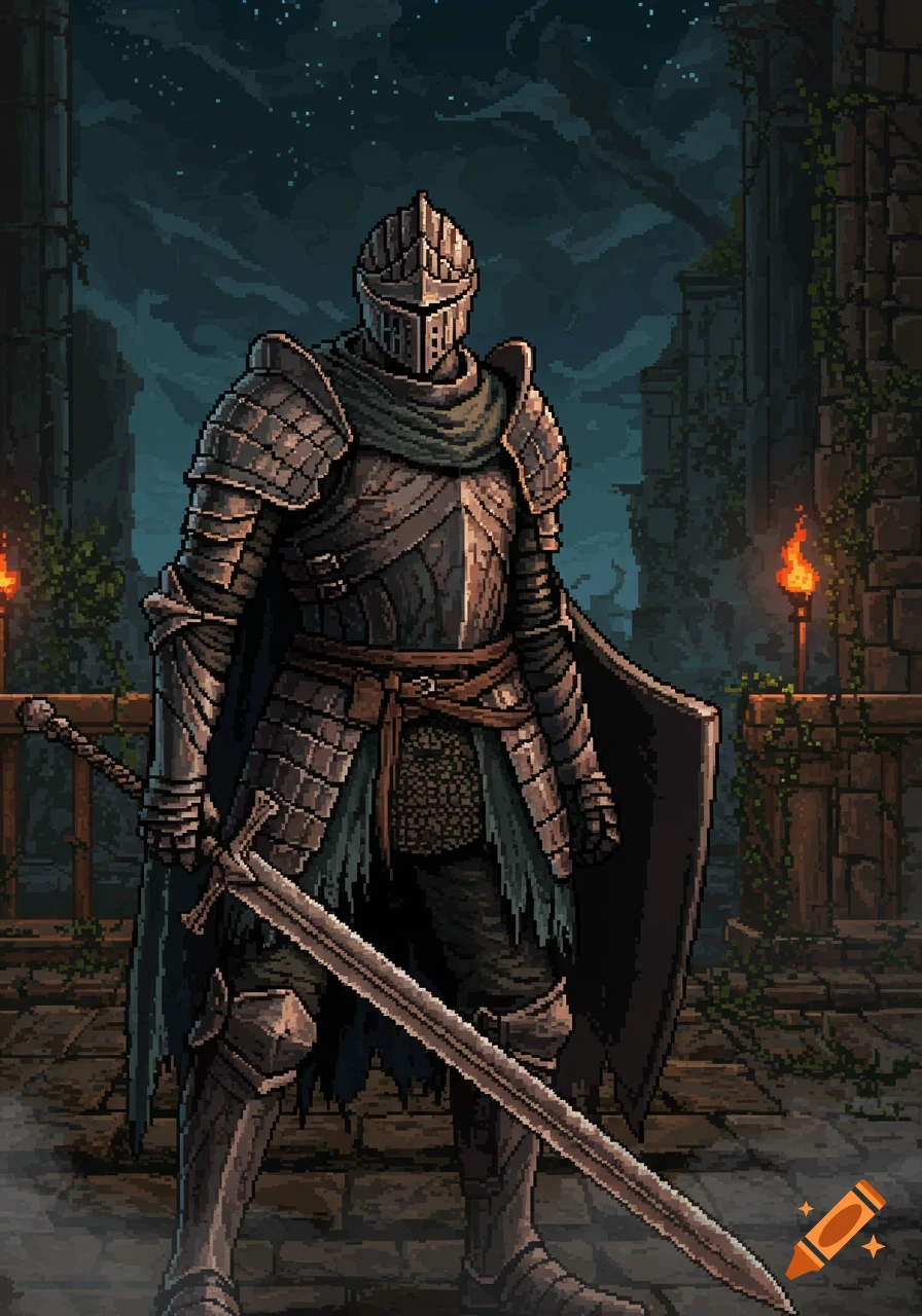 A pixel art knight in dark armor stands with a sword and shield in a ruined, torchlit environment.