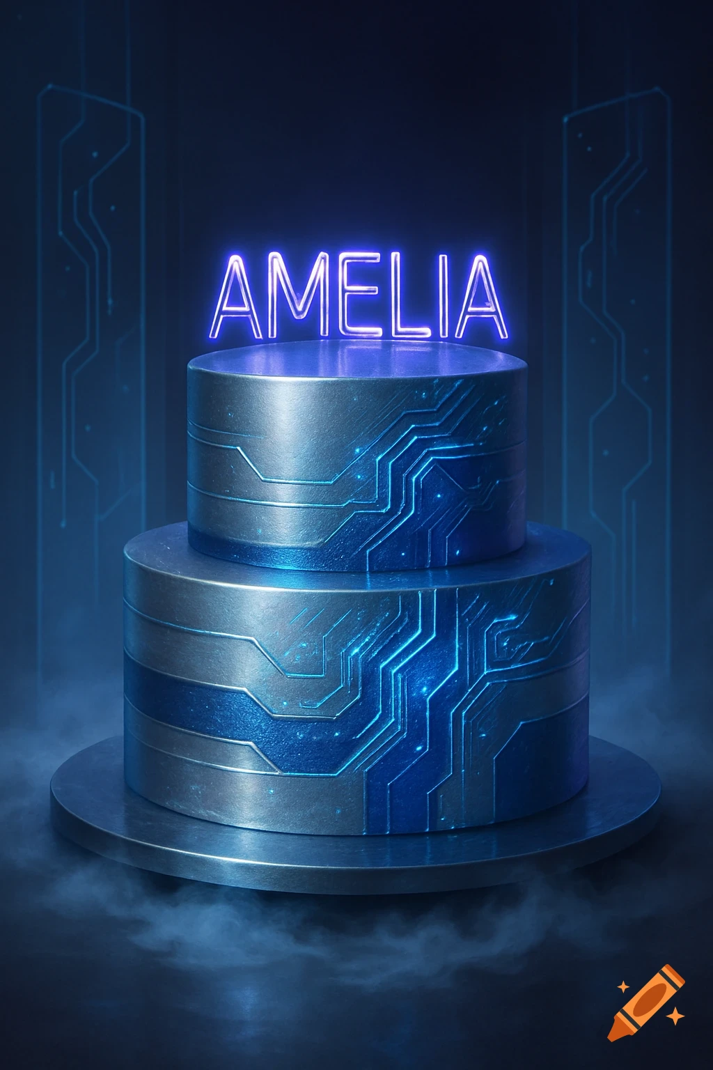 A two-tier futuristic birthday cake in silver and blue with circuit board patterns and a glowing neon sign spelling 'AMELIA' on top.