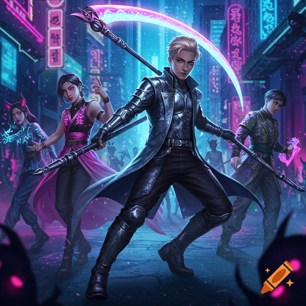 Four anime-style demon hunters with glowing weapons stand in a neon-lit cyberpunk city street at night.
