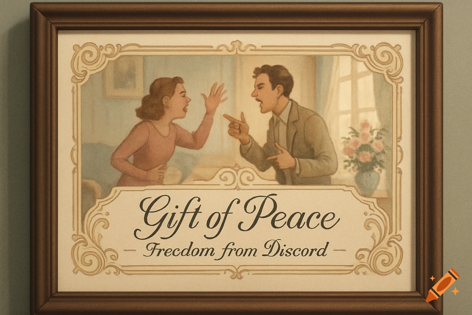 A framed vintage-style illustration shows a man and woman arguing, with text below reading "Gift of Peace - Freedom from Discord."