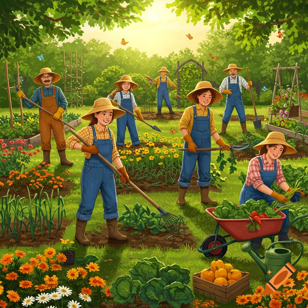 Seven people wearing straw hats and overalls work in a sunny, vibrant garden, tending to plants and harvesting vegetables.