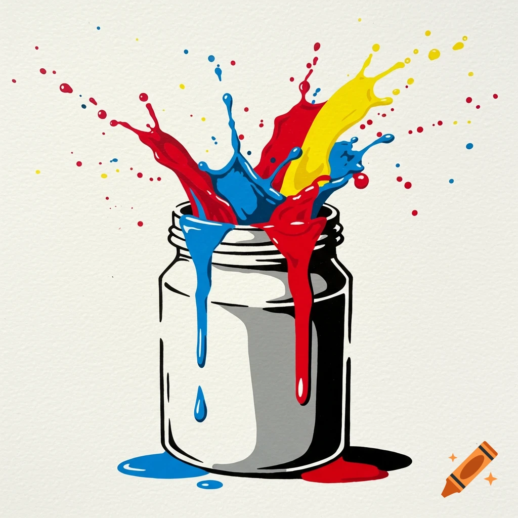 A stylized illustration of a paint pot with red, blue, and yellow paint splashing out.
