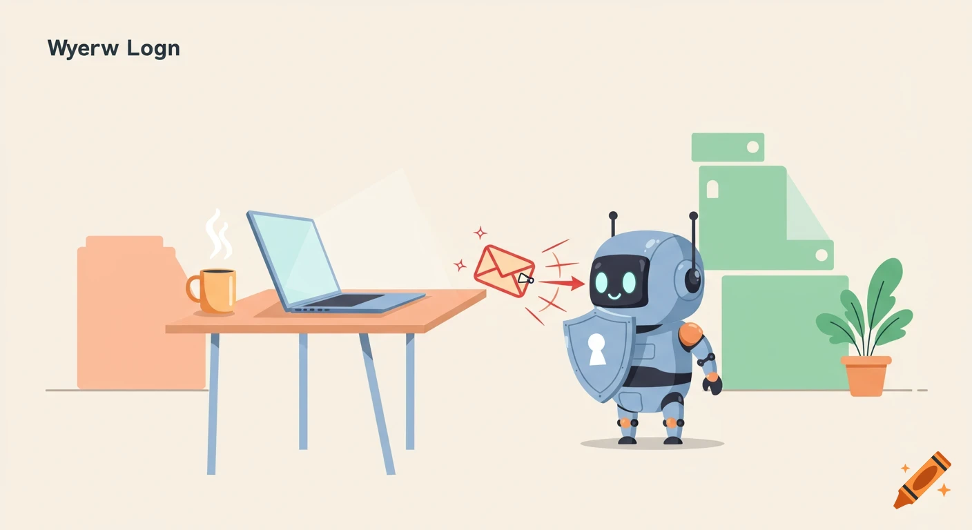 A cute robot security guard deflects a phishing email from a laptop on a modern office desk in 2D vector art.