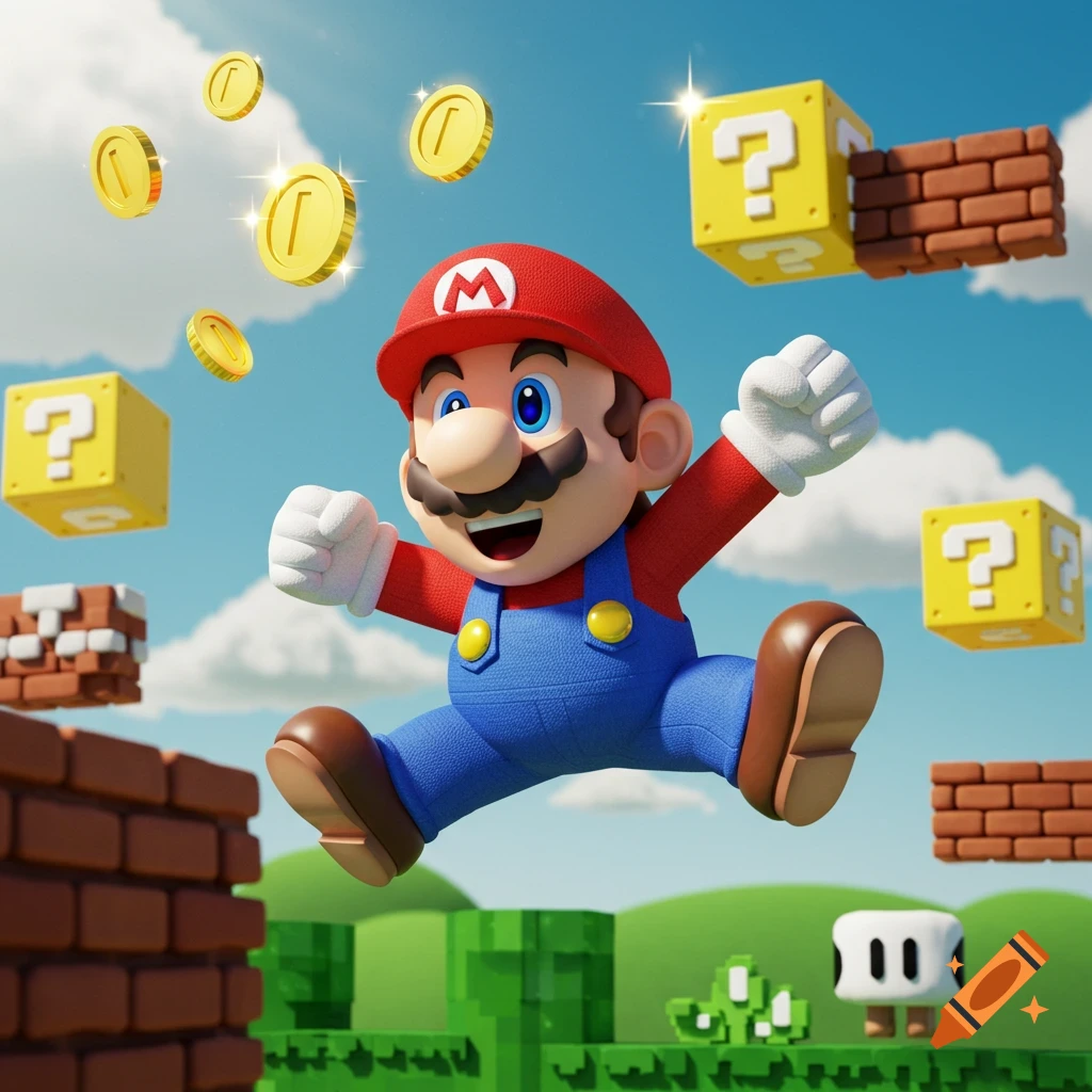 3D animated Mario jumping in a vibrant video game landscape with floating coins, question mark blocks, and brick platforms.