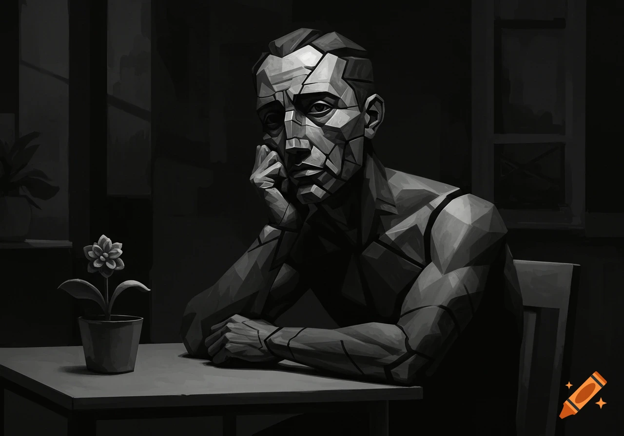 A black and white cubist painting of a man with a fractured face sitting at a table with a potted flower.