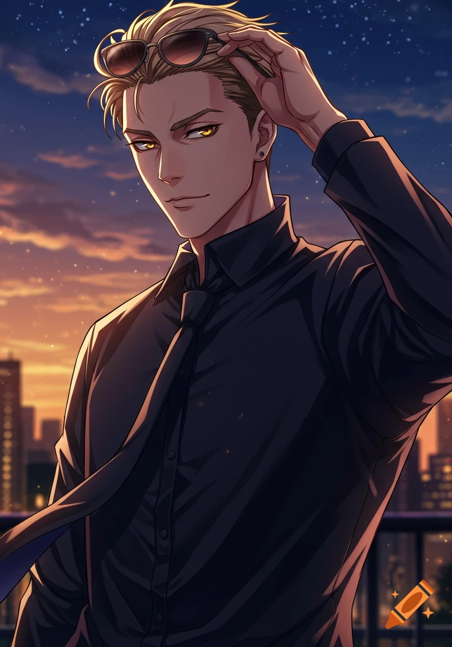 Blond-haired anime man with yellow eyes in a black shirt and tie, sunglasses on head, against a city sunset.