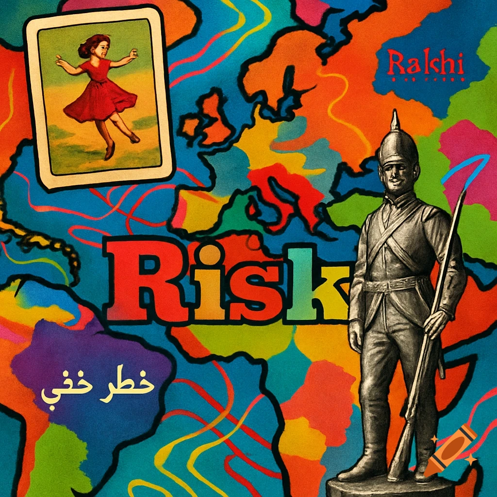 Vibrant illustration of a Risk board game with a colorful map, a toy soldier, a card with a dancing girl, and "Risk" text.